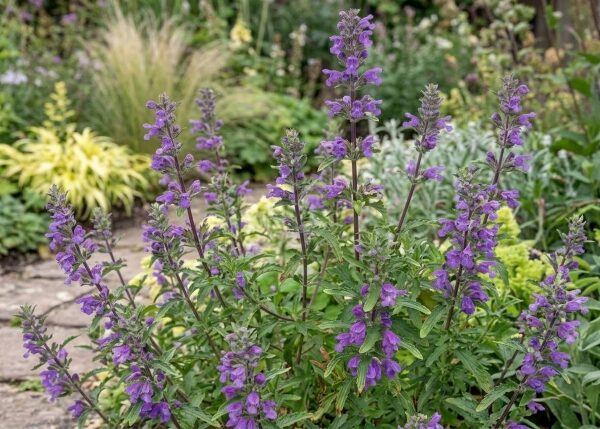 Pianta di Dracocephalum moldavica biologica in piena fioritura, con spighe di fiori blu-viola e foglie verdi, coltivata senza pesticidi in orto sinergico.
