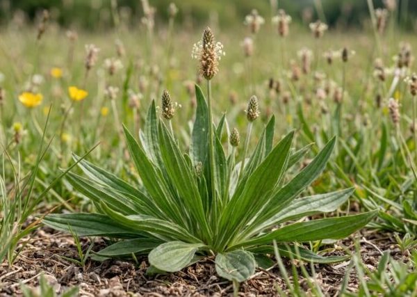 Pianta di Plantago lanceolata biologica con foglie lanceolate e spighe fiorali, coltivata senza pesticidi in orto sinergico.