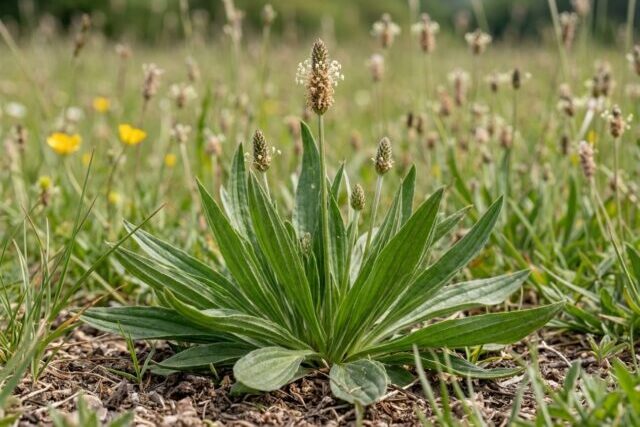 plantago-lanceolata-biologica Pianta di Plantago lanceolata biologica con foglie lanceolate e spighe fiorali, coltivata senza pesticidi in orto sinergico.