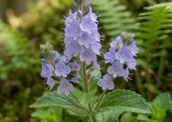 Pianta di Veronica officinalis biologica in piena fioritura, con piccoli fiori azzurri e foglie verdi striscianti, coltivata senza pesticidi in giardino roccioso.